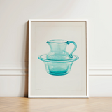 Wash Bowl & Pitcher - Charles Caseau 1930s Art Print / Canvas Framed Watercolor Illustration Translucent Turquoise Glass Basin Ethereal