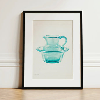 Wash Bowl & Pitcher - Charles Caseau 1930s Art Print / Canvas Framed Watercolor Illustration Translucent Turquoise Glass Integrated