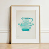 Wash Bowl & Pitcher - Charles Caseau 1930s Art Print / Canvas Framed Watercolor Illustration Translucent Turquoise Glass Integrated
