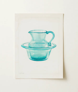 Translucent Turquoise Glass Pitcher Curved Handle Sits Elegantly Ethereal 1930s Kitchen, Charles Caseau