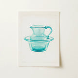 Wash Bowl & Pitcher - Charles Caseau 1930s Art Print / Canvas Translucent Turquoise Glass Curved Handle Sits Elegantly Ethereal Kitchen,