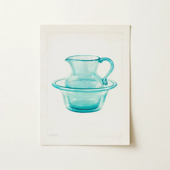 Wash Bowl & Pitcher - Charles Caseau 1930s Art Print / Canvas Translucent Turquoise Glass Curved Handle Sits Elegantly Ethereal Kitchen,