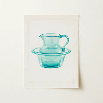 Wash Bowl & Pitcher - Charles Caseau 1930s Art Print / Canvas Translucent Turquoise Glass Curved Handle Sits Elegantly Ethereal Kitchen,