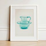 Wash Bowl & Pitcher - Charles Caseau 1930s Art Print / Canvas Translucent Turquoise Glass Depicted Elegant Watercolor Ethereal Kitchen,