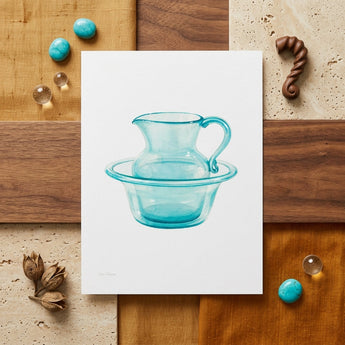 Wash Bowl & Pitcher - Charles Caseau 1930s Art Print / Canvas Translucent Turquoise Glass Depicted Elegant Watercolor Ethereal Kitchen,