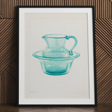 Wash Bowl & Pitcher - Charles Caseau 1930s Art Print / Canvas Watercolor Illustration Translucent Turquoise Glass Basin Framed Ethereal