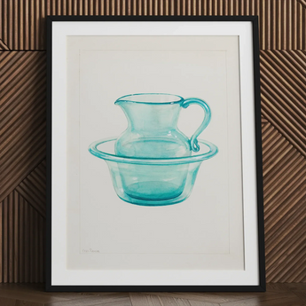 Wash Bowl & Pitcher - Charles Caseau 1930s Art Print / Canvas Watercolor Illustration Translucent Turquoise Glass Basin Framed Ethereal