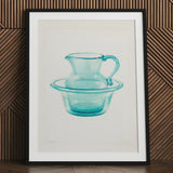 Wash Bowl & Pitcher - Charles Caseau 1930s Art Print / Canvas Watercolor Illustration Translucent Turquoise Glass Basin Framed Ethereal