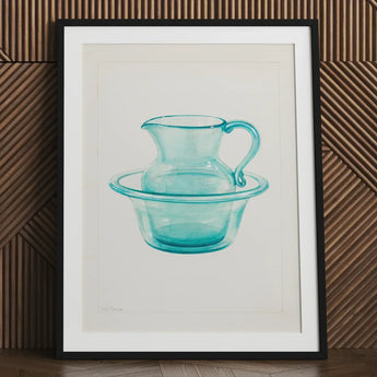 Wash Bowl & Pitcher - Charles Caseau 1930s Art Print / Canvas Watercolor Illustration Translucent Turquoise Glass Basin Framed Ethereal