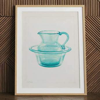 Wash Bowl & Pitcher - Charles Caseau 1930s Art Print / Canvas Watercolor Painting Light Wood Frame Depicts Translucent Turquoise Ethereal