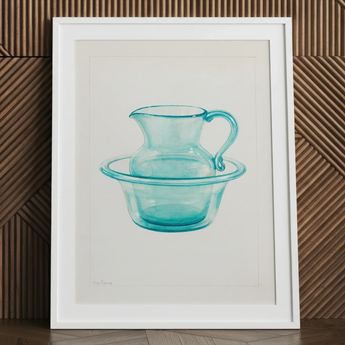Wash Bowl & Pitcher - Charles Caseau 1930s Art Print / Canvas Watercolor Painting White Frame Depicts Translucent Turquoise Glass Ethereal
