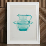 Wash Bowl & Pitcher - Charles Caseau 1930s Art Print / Canvas Watercolor Painting White Frame Depicts Translucent Turquoise Glass Ethereal