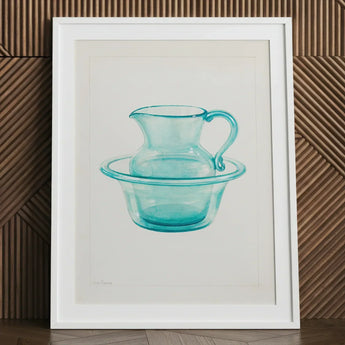Wash Bowl & Pitcher - Charles Caseau 1930s Art Print / Canvas Watercolor Painting White Frame Depicts Translucent Turquoise Glass Ethereal