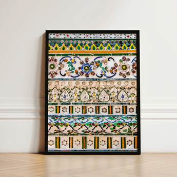 Framed Artwork Intricate Colorful Mosaic Tile Patterns Greens Wat Arun, Vibrant, Decorative Thai