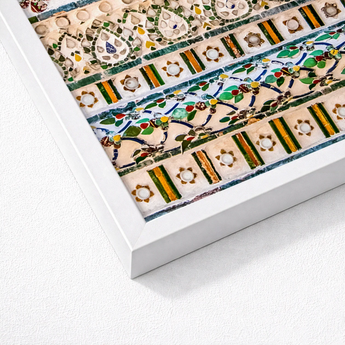 Framed Artwork Intricate Mosaic Patterns Green Yellow Blue Wat Arun, Vibrant, Decorative Thai