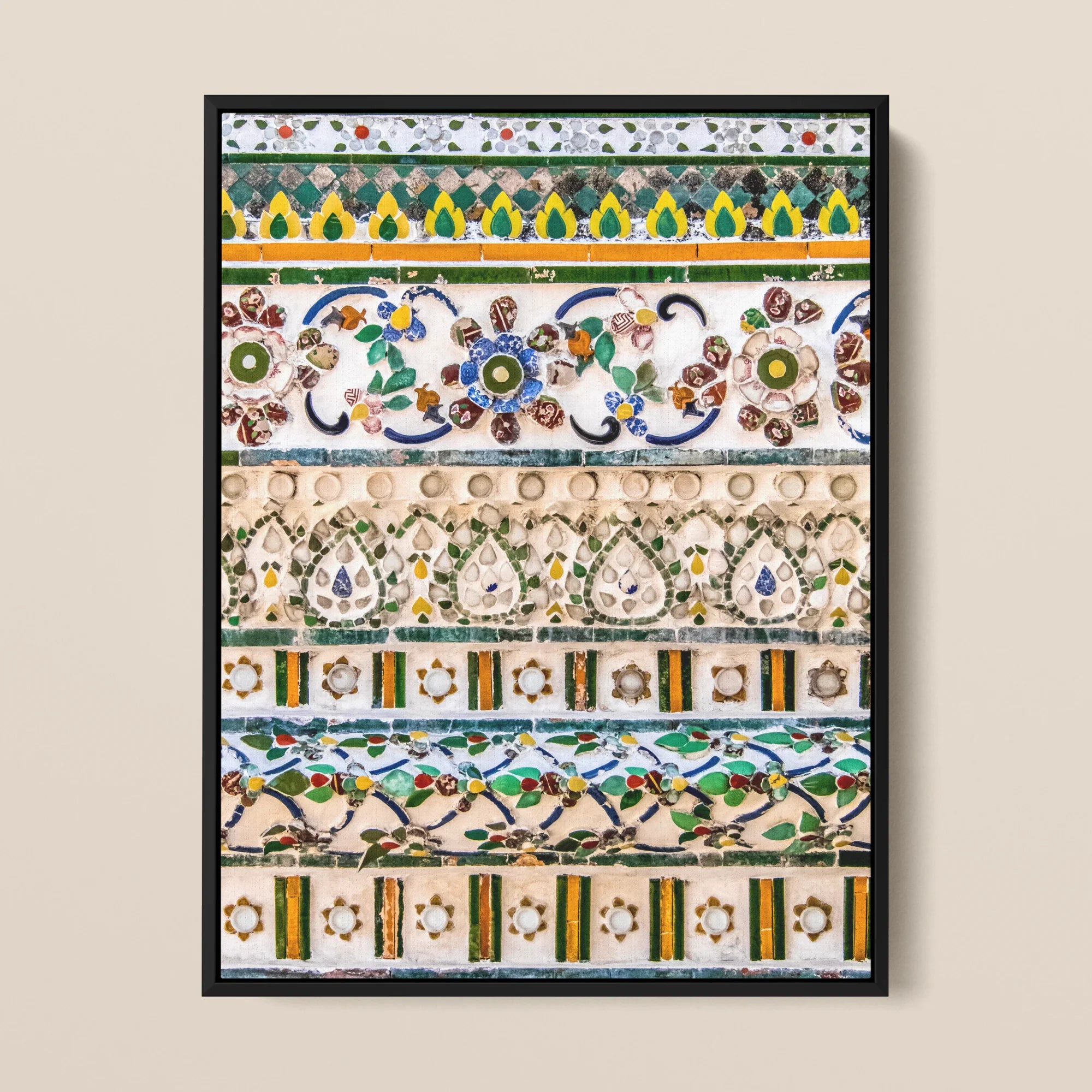 Wat Arun Thai Aesthetic Mosaic Art Framed Canvas, Framed Artwork Colorful Intricate Mosaic Patterns Horizontal Bands