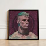 Watch and Learn - Gay Cyberpunk Art Print / Canvas Framed Portrait Man Teal Blonde Hair Tattoos Chest, Striking, Contemporary Queer