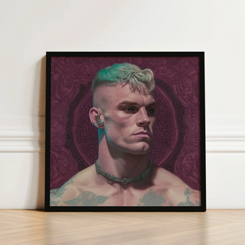 Watch and Learn - Gay Cyberpunk Art Print / Canvas Framed Portrait Man Teal Blonde Hair Tattoos Chest, Striking, Contemporary Queer