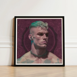 Watch and Learn - Gay Cyberpunk Art Print / Canvas Framed Portrait Man Teal Blonde Hair Tattoos Shoulders, Striking, Contemporary Queer