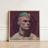 Watch and Learn - Gay Cyberpunk Art Print / Canvas Framed Portrait Man Teal Blonde Hair Tattoos Chest, Striking, Contemporary Queer