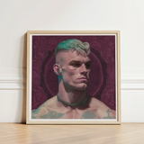 Watch and Learn - Gay Cyberpunk Art Print / Canvas Framed Portrait Man Teal Blonde Hair Tattoos Shoulders, Striking, Contemporary Queer