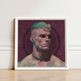 Watch and Learn - Gay Cyberpunk Art Print / Canvas Framed Portrait Man Teal Blonde Hair Tattoos Chest, Striking, Contemporary Queer