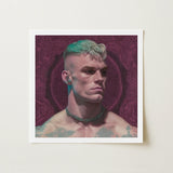 Watch and Learn - Gay Cyberpunk Art Print / Canvas Square-framed Portrait Man Teal Blonde Hair Tattoos, Striking, Contemporary Queer
