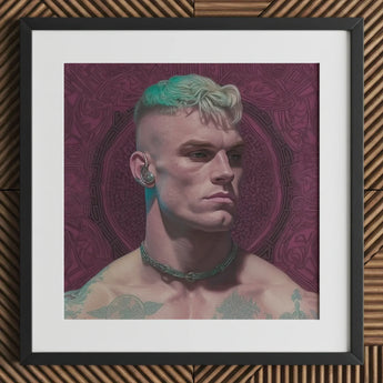 Watch and Learn - Gay Cyberpunk Art Print / Canvas Black Framed Portrait Man Green Hair Tattoos, Striking, Contemporary Queer Aesthetics