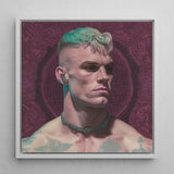 Watch and Learn - Gay Cyberpunk Art Print / Canvas Framed Portrait Man Teal Blonde Hair Earpiece Green, Striking, Contemporary Queer