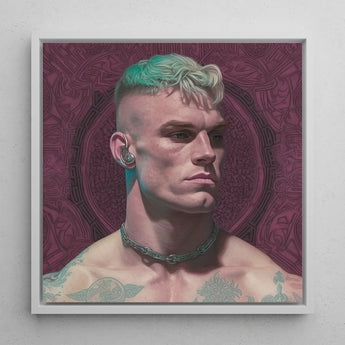 Watch and Learn - Gay Cyberpunk Art Print / Canvas Framed Portrait Man Teal Blonde Hair Earpiece Green, Striking, Contemporary Queer