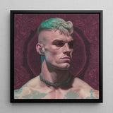 Watch and Learn - Gay Cyberpunk Art Print / Canvas Framed Portrait Man Teal Blonde Hair Earpiece Green, Striking, Contemporary Queer