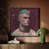 Watch and Learn - Gay Cyberpunk Art Print / Canvas Framed Portrait Man Teal White Hair Green Chain, Striking, Contemporary Queer Aesthetics