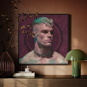 Watch and Learn - Gay Cyberpunk Art Print / Canvas Framed Portrait Man Teal White Hair Green Chain Gay Art Print, Striking Contemporary