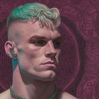 Watch and Learn - Gay Cyberpunk Art Print / Canvas Green Silver Hoop Intricate Design Gay Art Print, Striking Portrait Contemporary Queer