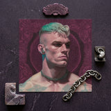 Watch and Learn - Gay Cyberpunk Art Print / Canvas Portrait Man Teal White Hair Earpiece Green Choker Gay Art Print, Striking Contemporary