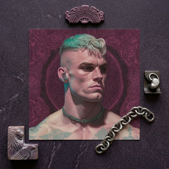 Watch and Learn - Gay Cyberpunk Art Print / Canvas Portrait Man Teal White Hair Earpiece Green Choker Gay Art Print, Striking Contemporary