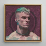 Watch and Learn - Gay Cyberpunk Art Print / Canvas Square-framed Portrait Painting Man Teal White Hair Tattoos, Striking, Contemporary