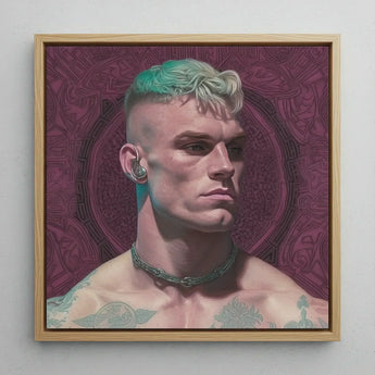 Watch and Learn - Gay Cyberpunk Art Print / Canvas Square-framed Portrait Painting Man Teal White Hair Tattoos, Striking, Contemporary