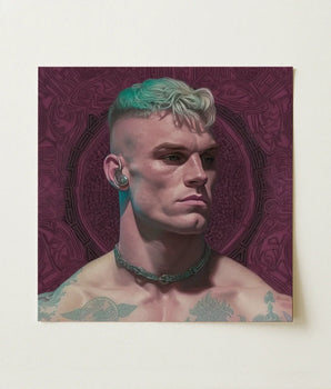 Square Canvas Painting Muscular Man Teal White Hair Gay Art Print, Striking Portrait, Contemporary Queer Aesthetics