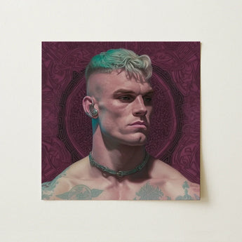 Watch and Learn - Gay Cyberpunk Art Print / Canvas Square Canvas Painting Muscular Man Teal White Hair Gay Art Print, Striking Portrait