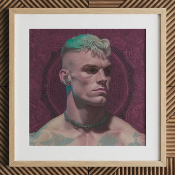 Watch and Learn - Gay Cyberpunk Art Print / Canvas Wooden Framed Portrait Man Green Hair Tattoos, Striking, Contemporary Queer Aesthetics