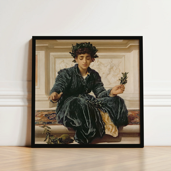 Weaving the Wreath - Frederic Leighton Art Print / Canvas Black-framed Woman Dark Velvet Robes Laurel, Serene Tableau, Introspective Beauty