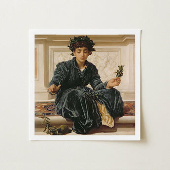 Weaving the Wreath - Frederic Leighton Art Print / Canvas Framed Reproduction Classical Painting Woman Dark Velvet Robes, Serene Tableau,