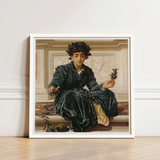 Weaving the Wreath - Frederic Leighton Art Print / Canvas White-framed Classical Painting Young Woman Dark, Serene Tableau, Introspective