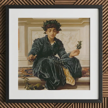 Weaving the Wreath - Frederic Leighton Art Print / Canvas Black-framed Woman Dark Velvet Robes Laurel, Serene Tableau, Introspective Beauty