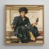 Weaving the Wreath - Frederic Leighton Art Print / Canvas Framed Classical Oil Painting Young Woman Dark Velvet, Serene Tableau,