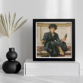 Weaving the Wreath - Frederic Leighton Art Print / Canvas Framed Painting Person Green Velvet Clothing Small Plant, Serene Tableau,