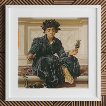 Weaving the Wreath - Frederic Leighton Art Print / Canvas Framed Reproduction Classical Painting Woman Dark Velvet Robes, Serene Tableau,