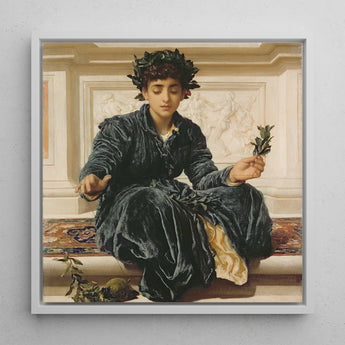Weaving the Wreath - Frederic Leighton Art Print / Canvas Framed Reproduction Classical Painting Young Woman Dark Velvet, Serene Tableau,
