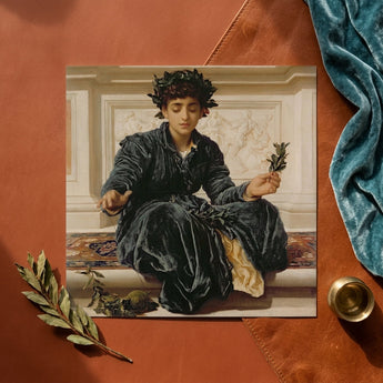 Weaving the Wreath - Frederic Leighton Art Print / Canvas Square-framed Reproduction Classical Painting Young Woman Dark Velvet Frederic